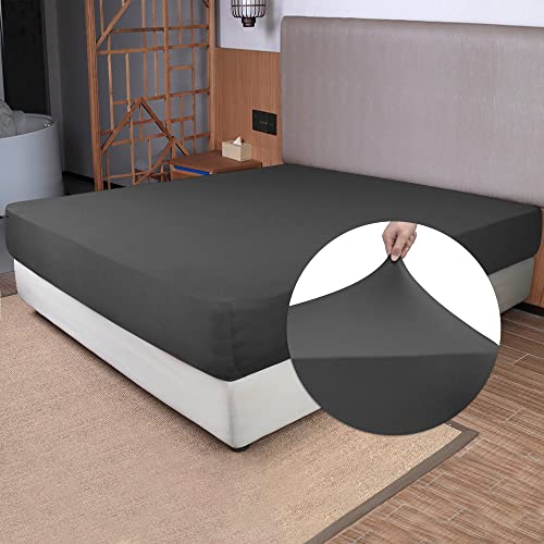 "Stretch Queen Size Fitted Sheet Only - 4-Way Stretchy Jersey Knit, Cozy T-Shirt Soft, Wrinkle Free, Snug Fit & Stay in Place, No More Slipping Off for Mattress (Deep: 5""-16"") - Dark Gray, Queen"