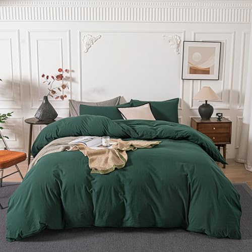 Janlive Washed Cotton Duvet Cover Set Linen Feel Textured Ultra Soft 100% Cotton Solid Color Forest Green Duvet Cover Set with Zipper Closure -3 Pieces Dark Green Queen
