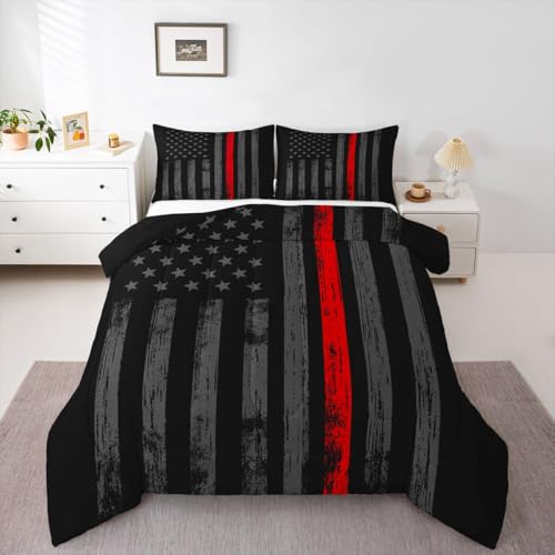 Erosebridal American Flag Comforter Set Queen Black Grey Red Line Flag Bedding Set for Men Boys Kids Girls Novelty Star Stripe Down Comforter Retro Vintage Flags Bedding Sets & Collections
