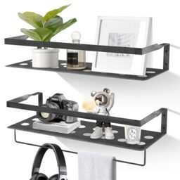 Uten Floating Shelves, Iron Wall Mounted Shelf with Towel Bar, Iron Shelves Set of 2 for Bedroom, Bathroom, Living Room, Kitchen, Home Office, Laundry Room, Garden