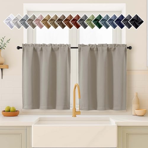 OVZME Stone Curtains for Small Window Treatment, Light Blocking Short Kitchen Window Curtains Over Sink, Dual Rod Pocket Half Window Tiers for Bathroom Basement, Each 40Wx36L, 2 PCS