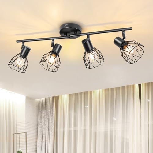 Dehobo E14 Ceiling Spot Light, Adjustable Metal Wire Cage, Black 4 Way - Kitchen Spotlight Ceiling Lights Industrial for Indoor Bedroom Hallway Living Room Shop, Bulbs Not Included, Max.40W