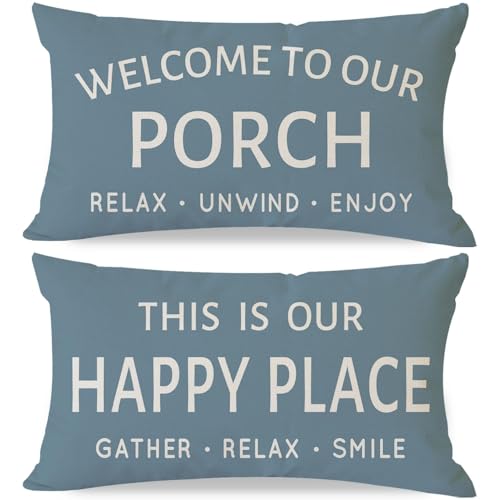 HERHOME Outdoor Farmhouse Decorative Throw Pillow Covers 12x20 Inch Set of 2 Welcome to Our Porch Our Happy Place Dusty Blue Lumbar Cushion Case Decoration for Patio Furniture Couch Front Porch Decor