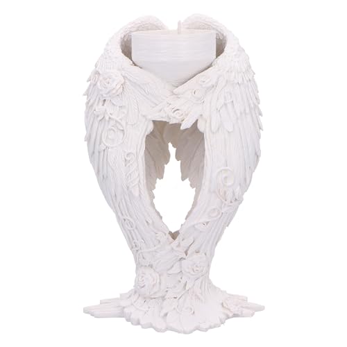 Nemesis Now Angel Wings Tea Light Holder 17cm, Resin, White, Tea Light Holder Supported by Angel Wings Sculpture, Angels Home Decor, Angel Gift, Cast in the Finest Resin, Expertly Hand-Painted
