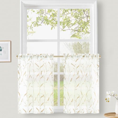 VOGOL Country Style Kitchen Tier Curtains, Decorative Lightweight Airy Cafe Curtain for Farmhouse, Brown Tassels Pattern Voile Drapes for Living Room, 2 Panels, 30 x 36 in