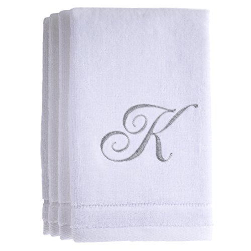 Monogrammed Towels Fingertip, Personalized Gift, 11 x 18 Inches - Set of 4- Silver Embroidered Towel - Extra Absorbent 100% Cotton- Soft Velour Finish - For Bathroom/Kitchen/Spa- Initial K (White)
