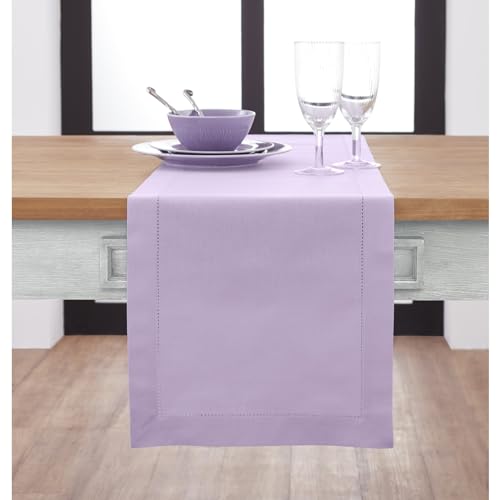 Solino Home Cotton Linen Lavender Ice Table Runner 72 Inches Long - Hemstitch Table Runner 14 x 72 Inch for Dresser, Dining, Spring, Summer