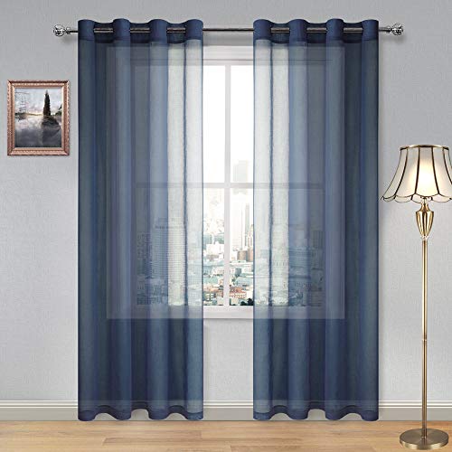 DWCN Navy Faux Linen Sheer Curtains - Grommet Voile Window Curtain Drapes for Bedroom Bathroom Living Room 52 x 84 inches Long, Set of 2