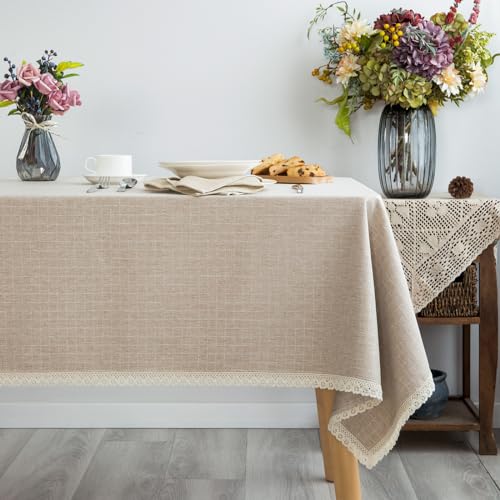 GLORY SEASON Textured Tablecloth Linen Rustic Burlap Washable Solid Heavy Weight Lace Trim Rectangle Fabric Table Cloth,Table Cover for Kitchen Dinning Tabletop Decoration 55x102 in Beige