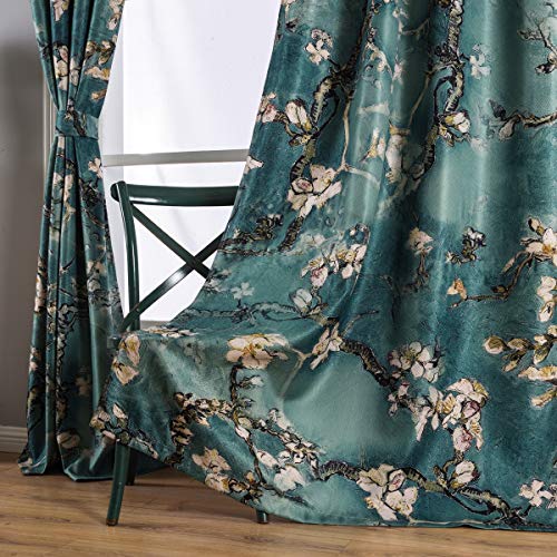 Taisier Home Chinese Style Plum Blossom Curtain Green Artistic Print Curtains 95 Inches Long for Living Room,Personalized Pattern Curtains Bedroom Window Treatment Curtains 2 Panels Set