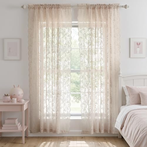 FINECITY Blush Lace Curtains 84 Inch Length - Rustic Country Floral Design Lace Curtain 2 Panels Set for Girls Bedroom, Privacy Scalloped Vintage Lace Window Curtains, 52 x 84 Inch, Blush Pink
