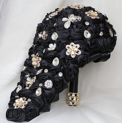 "Mhojpik Luxury Cascade Bridal Wedding Bouquet Satin Rose Waterfall Holding Bouquet Artificial Flower Bunch for Bride Bridesmaid(Black, 17.3"" x 8.7"")"