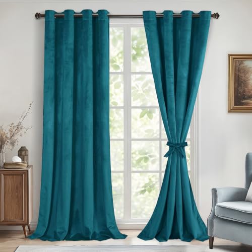 DWCN Velvet Blackout Curtains, 90 Inches Long, Tie-Up Design, Thick Fabric, Thermal Insulated, for Theater/Dormitory/Dining Room, W 52 x L 90 Inches, 2 Panels
