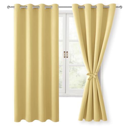 Hiasan Blackout Curtains for Bedroom, 52 x 63 Inches Length - Thermal Insulated & Energy Saving Window Curtains for Living Room, 2 Drape Panels Sewn with Tiebacks, Light Yellow