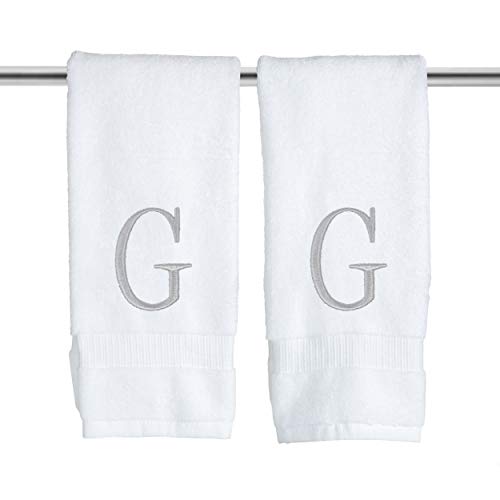 White with Silver Monogrammed Hand Towels for Bathroom - Set of 2 Letter G - Luxury Hotel Quality Initial Towels For Powder Room, Spa, GOTS Organic Certified