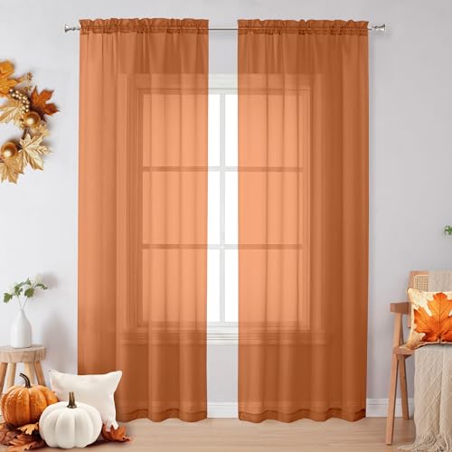 "OVZME Sheer Orange Curtains 84 inch Length 2 Panels Set, Airy Soft-Touching Rod Pocket Voile Drapes for Living Room/Bedroom, Each 42"" W x 84"" L"