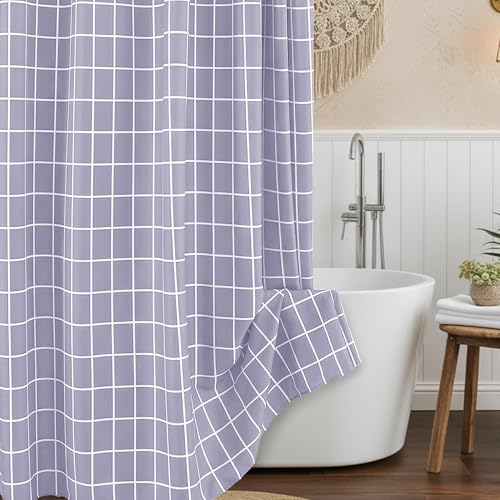 Biscaynebay Fabric Shower Curtain for Bathroom-Modern Farmhouse Faux Linen Textured Grid Plaid Shower Curtains, Minimalist Simple Geometric Neutral Decor Machine Washable-70x72 Inches Lavender