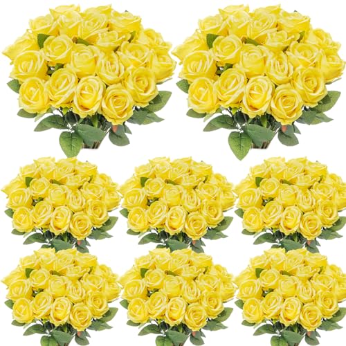 Hotop 80 Pcs Rose Artificial Flowers Bulk with Long Stem, Silk Roses Realistic Fake Flowers Bouquet for Wedding Table Centerpieces Bridal Shower Party Home Decorations(Yellow)