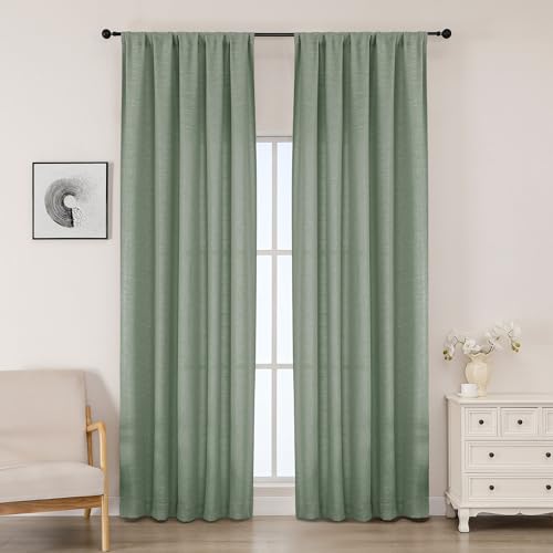 "OWENIE Sage Green Curtains for Bedroom Living Room 96 Inches Long 2 Panels Set, Farmhouse Soft Light Filtering Faux Linen Textured Curtains Drapes, 50 inch Wide Drapes with Rod Pocket, 50"" Wx96 L"