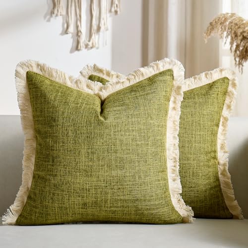 Green Faux Linen Throw Pillow Covers 18x18 Inch with Tassels Fringed Boho Farmhouse Decorative Pillowcases Rustic Woven Textured Burlap Cushion Covers for Couch Chair Sofa Bed Living Home Decor