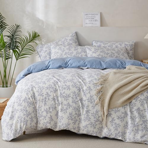 TISPLR Queen Duvet Cover Floral Brushed Microfiber Crinkle Gauze 3 Pieces Bedding Set Garden Style Blue Floral Pattern Queen Duvet Cover Flower, with Zipper Closure, Luxury Soft Breathable Comfy