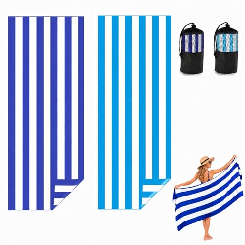 Admygo Microfibre Beach Towels for Adults - 2 Pack 180 x 90 cm Extra Large Beach Towels with Drawstring Bags, Quick Dry Lightweight Sand Free Towel for Swim, Travel, Gym (Stripe Dark Blue & Blue)