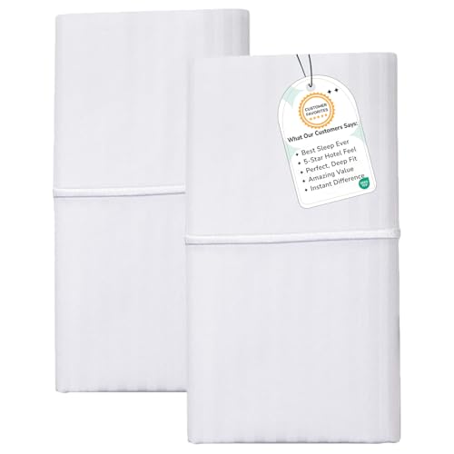 Feather & Stitch Pillowcase-Cotton Pillow Case Covers Set of 2 King Size Envelop Closure-Soft Luxury 500TC Damask Stripe Sateen Weave Cooling Bed Embroidered Pillow Cases-20x40 Inches White Color