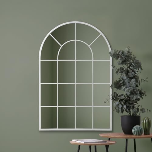 "MirrorOutlet The Arcus - White Framed Window Modern Full Length Arched Leaner/Wall Mirror 47"" X 31"" (120CM X 80CM) Silver Mirror Glass with Black All weather Backing."