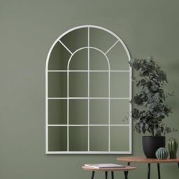 "MirrorOutlet The Arcus - White Framed Window Modern Full Length Arched Leaner/Wall Mirror 47"" X 31"" (120CM X 80CM) Silver Mirror Glass with Black All weather Backing."