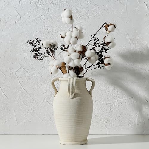 "Vaseking Handmade Ceramic Vase with 4 Handles, 10.83"" Tall Farmhouse Rustic Vase, Decorative Pottery Flower Vases for Home Decor, Wedding, Living Room, Table, Shelf Decor, White"