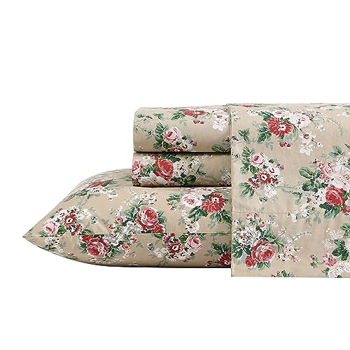 Laura Ashley - Twin Sheets, Cotton Percale Bedding Set, Crisp & Cool Home Decor (Ashfield Beige, Twin)