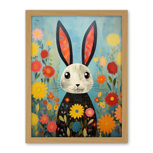 Artery8 Funny Bunny Illustration Modern Floral Rabbit Animal Artwork for Kids Bedroom or Baby Nursery Artwork Framed Wall Art Print 18X24 Inch