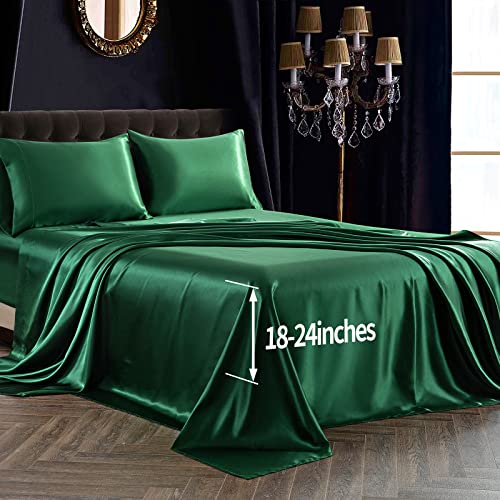 SiinvdaBZX 4Pcs Extra Deep Pocket Satin Sheet Set Queen Size, Emerald Green - Ultra Silky Soft Satin Bed Sheets Similar to Silk Sheets Deep Fitted Sheet Fits 18-24 Inch Deep Pocket Mattress