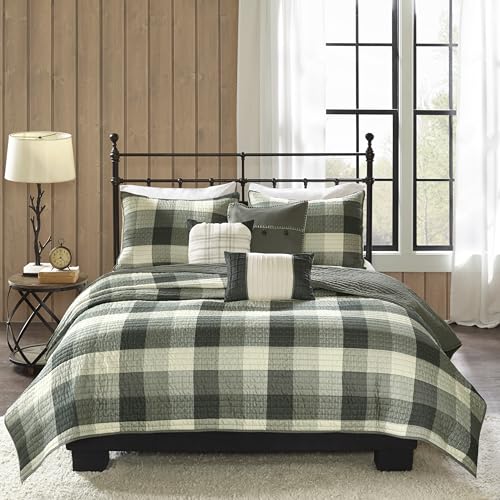 Madison Park Ridge Full/Queen Size Quilt Bedding Set - Grey, Plaid – 6 Piece Bedding Quilt Coverlets – Ultra Soft Microfiber Bed Quilts Quilted Coverlet