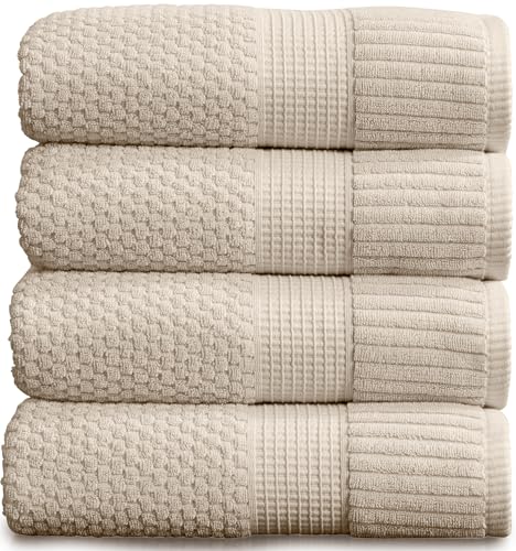 "NY Loft 100% Cotton 4-Pack Bath Towel Set - Sand - Oeko-TEX - Quick-Dry - Four 30"" x 52"" Bath Towels - Super Absorbent - Designer-Styled Texture"