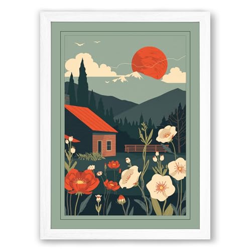 Mountain Cabin in Bloom Retro Framed Wall Art Print A2 (59.4×42cm) White, Wall Decor for Living Room, Bedroom, Office & Home, Ready to Hang, Art Gift