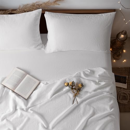 "LBRO2M 100% Pure Linen Sheet Set Deep Pocket Up to 16"" Bed Sheets Sets, Natural Flax Beddings Soft, Breathable, Comfortable for All Seasons 4 Pcs Sheet Set Full Size, White"