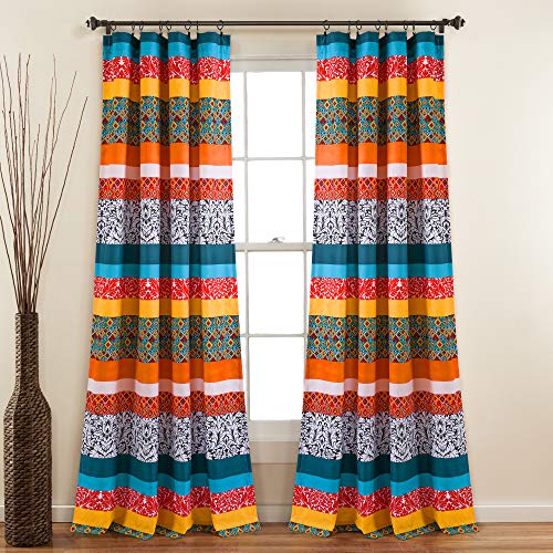 "Lush Decor Boho Stripe Window Curtain Bohemian Geomatric Floral Design Panel Pair, 52"" W x 84"" L, Turquoise & Tangerine"