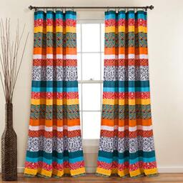 "Lush Decor Boho Stripe Window Curtain Bohemian Geomatric Floral Design Panel Pair, 52"" W x 84"" L, Turquoise & Tangerine"