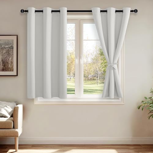 JIUZHEN Greyish White Blackout Curtains with Tiebacks - Thermal Insulated, Light Blocking and Noise Reducing Grommet Drapes for Bedroom and Living Room, Set of 2 Curtain Panels, 42 x 54 Inch Length