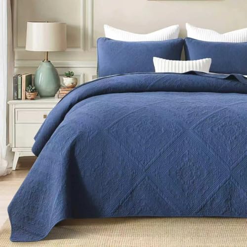 AJOCCI Navy Blue Bedding???Cotton Queen Size Comforter Set???Geometric Matelasse Quilt Set ???Soft Cotton Quilt Solid Color Lightweight Bedspread All Seasons 3 Piece