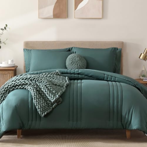 Oversized King Size Comforter Set-7 Pieces Bed in a Bag King Bedding Sets - Monbix All-Season Vertical Quilted Comforter with Sheets, Pillow Shams & Pillowcases, Blue Green