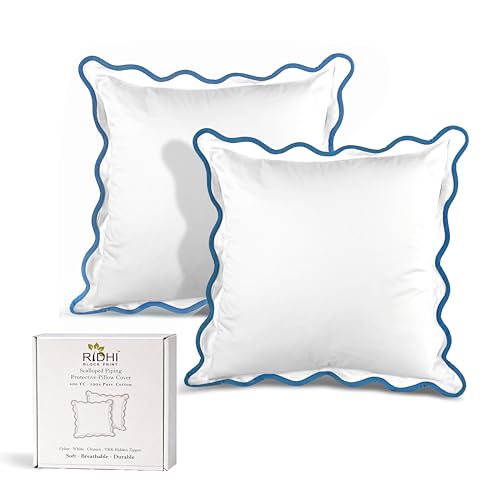 "Ridhi White with Blue Scalloped 100% Cotton 400 TC Throw Pillow Covers 20""x20"" Set of 2 Solid Pure Farmhouse Case Soft Home Decor for Sofa, Bed, Couch, Living Room Gift for Spring, Easter, Valentine"