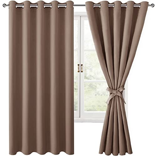 Hiasan Blackout Curtains for Bedroom, 60 x 63 Inches Length - Thermal Insulated & Light Blocking Window Curtains for Living Room/Kids Room, 2 Drape Panels Sewn with Tiebacks, Khaki