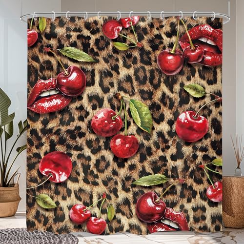 Cheetah Print Shower Curtain Set 72x78 Bathroom Decor Red Lipds Cherry - Cute Groovy Girl Modern Leopard Safari Panther Cat Brown African Bathroom Curtain Set Waterproof Polyester Fabric with Hooks
