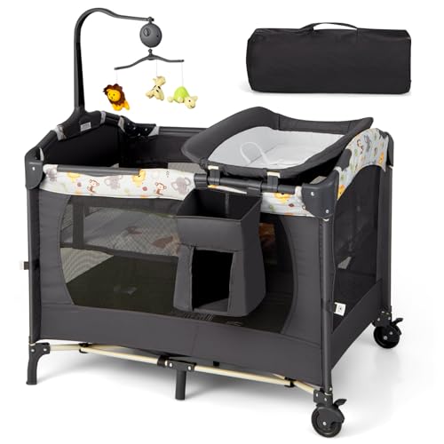 GYMAX Baby Travel Cot, 3 in 1 Bassinet Bed Activity Play Center with Changing Table, Music Box, Rotatable Toy Bar, Mattress and Carrying Bag, Portable Infant Playpen Entryway