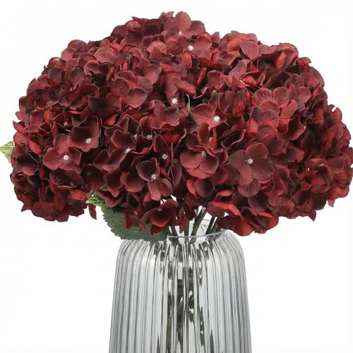 Blooming Paradise 2Bouquets Artificial Fake Flowers Plants Silk Hydrangea Arrangements Wedding Bouquets Decorations Plastic Floral Home Kitchen Garden Party Festival Bar DIY (Dark Red,5 Flower Heads)