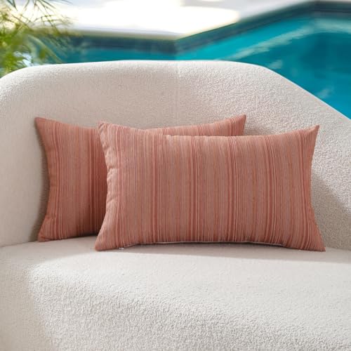 VAKADO Outdoor Chenille Pillow Covers 12x20 Set of 2,Waterproof UV Fade Resistant Stripe Patio Pillow Cushion Covers for Furniture Decorative Lumber Porch Couch Throw Pillow Cases for Garden Orange