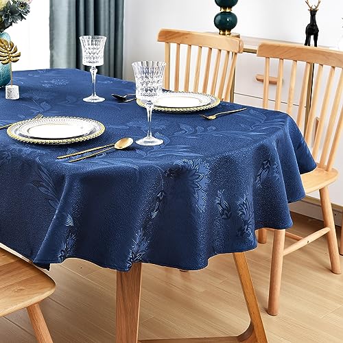 Wolkemer Shiny Oval Jacquard Tablecloth 60 x 102 Inch Navy Blue - Floral Countryside Leaves Tablecloth, Damask Patterns Table Cloth, Glossy Fabric Oval Table Cover for Dinner Kitchen
