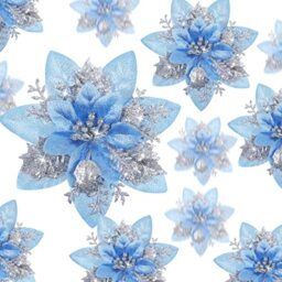 24 Pcs Christmas Glitter Artificial Poinsettia Flowers Xmas Poinsettia Artificial Wedding Flowers Decorations Xmas Tree Ornaments with Clips for Party Favors, 6 Inch, 4 Inch, 3 Inch (Silver and Blue)